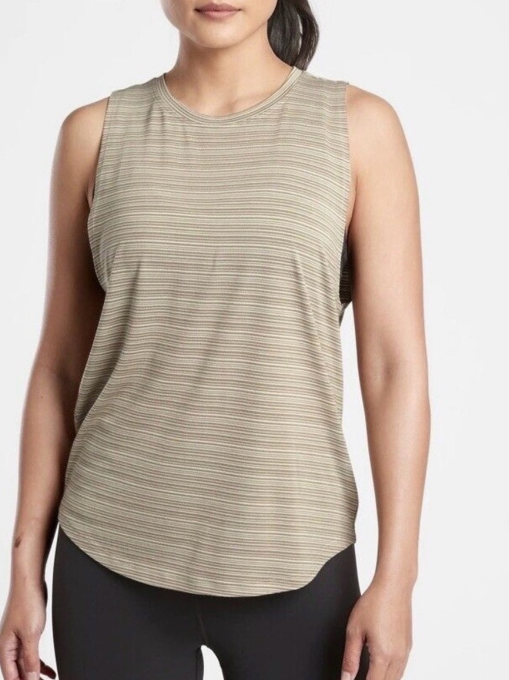 Athleta Cloudlight Stripe Muscle Tank XL Olive Green TENCEL Modal Athleisure Gym